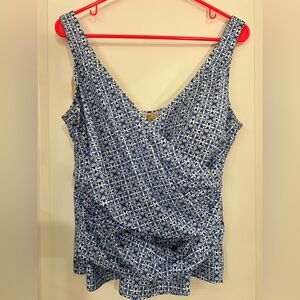 Lands' End Blue & White Mosaic SlenderSuit Wrap Tankini Bathing Suit Top